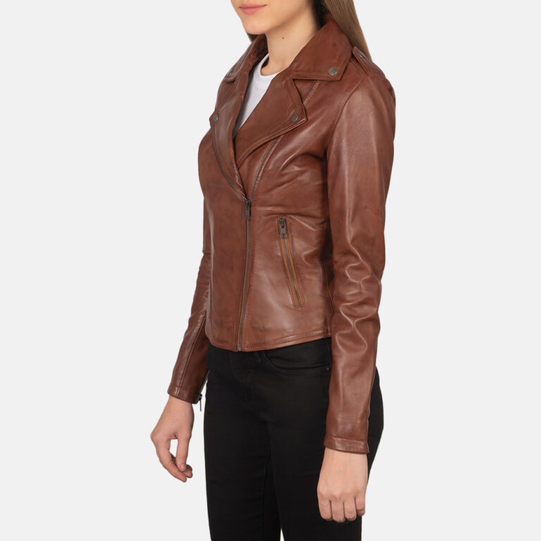 Womens Flashback Brown Leather Biker Jacket Side Pose-3-1659378444147